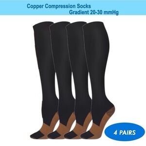 Unisex 20-30 mmHg Compression Socks L/XL Knee High Medical Black Rib 4 Pack NEW
